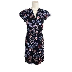 ELLE Black Pink Floral‎ Split Neckline A Line Dress Sz Medium